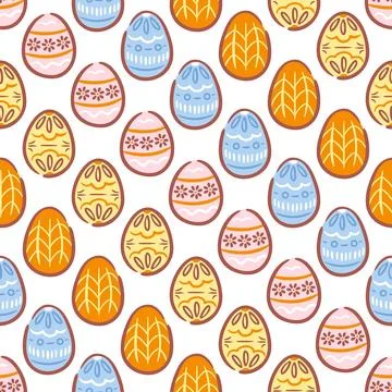 A seamless pattern of Easter eggs. Each egg features unique hand-drawn desi.. Stock Illustration