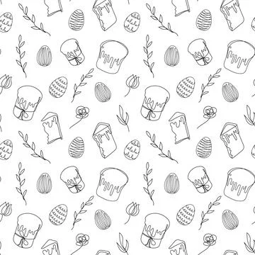 Seamless pattern of Easter eggs, Easter Kulich cakes, floral elements. Black  Stock Illustration
