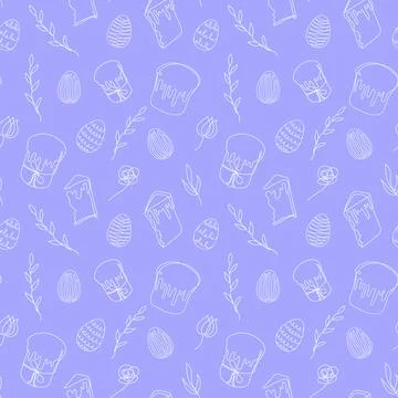 Seamless pattern of Easter eggs, Easter Kulich cakes and floral elements. Con 스톡 일러스트