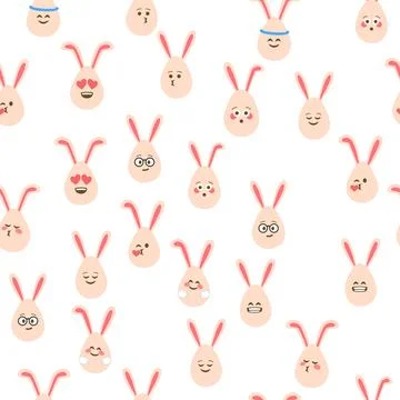 A seamless pattern with Easter eggs with emoticons and bunny ears. A vibran.. Stock Illustration