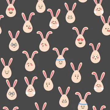A seamless pattern with Easter eggs with emoticons and bunny ears. A vibran.. Stock Illustration