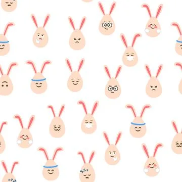 A seamless pattern with Easter eggs with emoticons and bunny ears. A vibran.. Stock Illustration