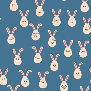 A seamless pattern with Easter eggs with emoticons and bunny ears. A vibrant  Stock Illustration