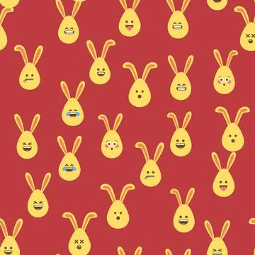 A seamless pattern with Easter eggs with emoticons and bunny ears. A vibrant  Stock Illustration