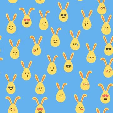 A seamless pattern with Easter eggs with emoticons and bunny ears. A vibran.. Stock Illustration