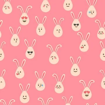 A seamless pattern with Easter eggs with emoticons and bunny ears. A vibrant  Stock Illustration