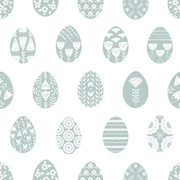 Seamless pattern with Easter eggs with floral and plant ornamental. Folk style Stock Illustration