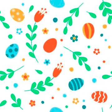Seamless pattern with easter eggs, flowers and twigs. Stock Illustration