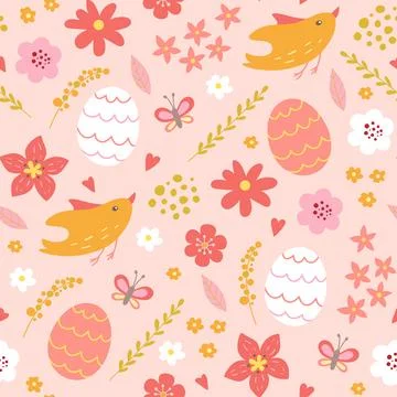 Seamless pattern with Easter eggs, flowers and birds. 스톡 일러스트