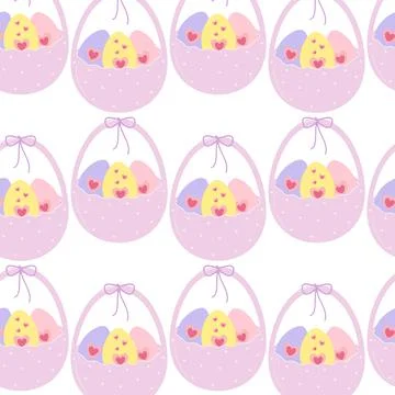 Seamless Pattern of Easter Eggs with hearts decor in Egg shaped basket with Stock Illustration