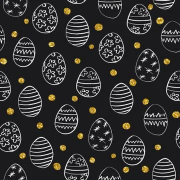 Seamless pattern with Easter hand drawn eggs and golden tinse on black back.. Stock Illustration