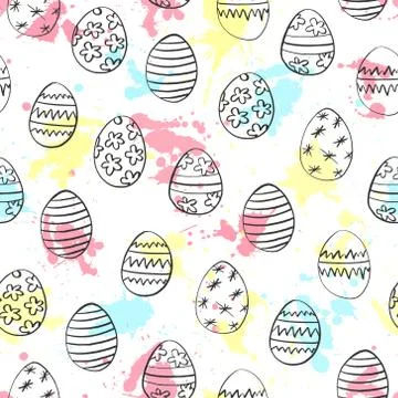Seamless pattern with Easter hand drawn eggs and watercolor blots on white .. Illustrazione stock