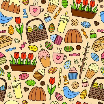 Seamless pattern with easter items. Stock Illustration