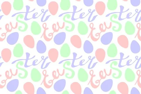 Seamless pattern of Easter lettering and ornamental eggs. Vector pastel multi 스톡 일러스트