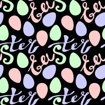Seamless pattern of Easter lettering and ornamental eggs. Vector pastel multi 스톡 일러스트