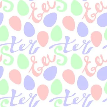 Seamless pattern of Easter lettering and ornamental eggs. Vector pastel multi イラスト素材