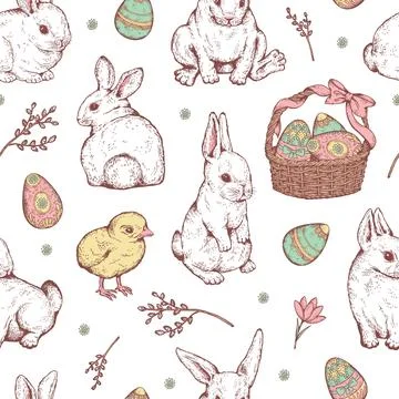 Seamless pattern with Easter rabbits and coloured eggs sketch style Stock Illustration