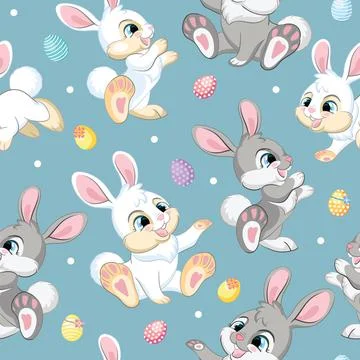 Seamless pattern easter rabbits on blue background Illustrazione stock