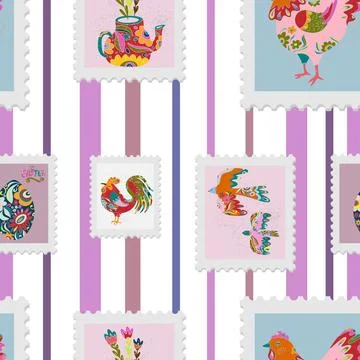 Seamless pattern of Easter spring holiday stamps in folk art style on striped Stockillustratie