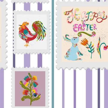 Seamless pattern of Easter spring holiday stamps in folk art style on striped Stock Illustration