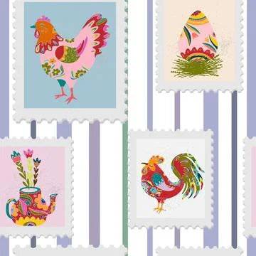 Seamless pattern of Easter spring holiday stamps in folk art style on striped Stockillustratie