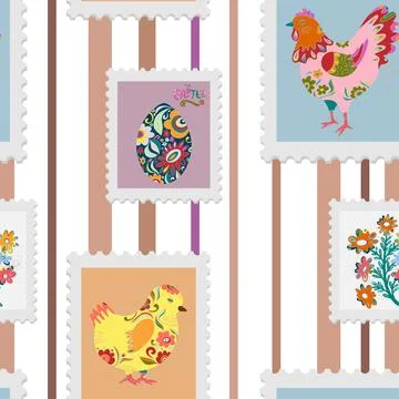 Seamless pattern of Easter spring holiday stamps in folk art style on striped Stockillustratie