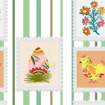 Seamless pattern of Easter spring holiday stamps in folk art style on striped Stockillustratie