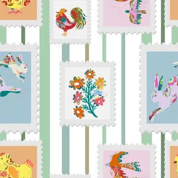 Seamless pattern of Easter spring holiday stamps in folk art style on striped Illustrazione stock