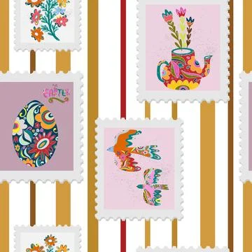 Seamless pattern of Easter spring holiday stamps in folk art style on striped Stockillustratie