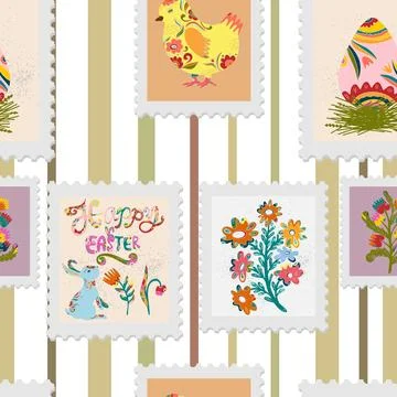 Seamless pattern of Easter spring holiday stamps in folk art style on striped Stockillustratie