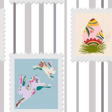 Seamless pattern of Easter spring holiday stamps in folk art style on striped Stockillustratie