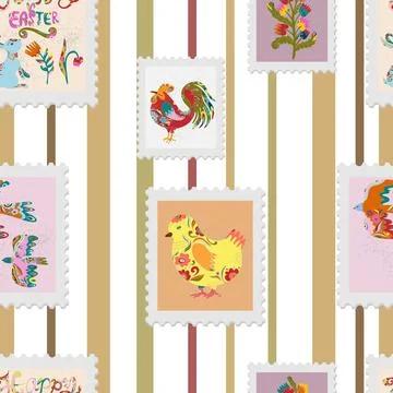 Seamless pattern of Easter spring holiday stamps in folk art style on striped Stockillustratie