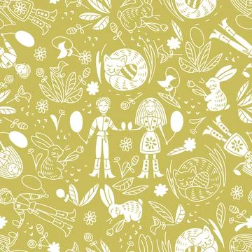 Seamless pattern on the Easter theme. A boy and a girl exchange Easter eggs Stock Illustration