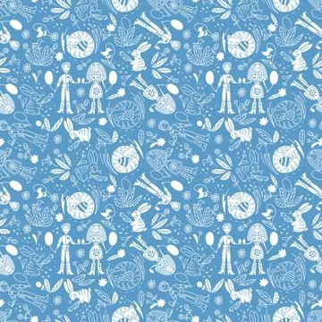 Seamless pattern on the Easter theme. A boy and a girl exchange Easter eggs Illustrazione stock