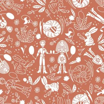 Seamless pattern on the Easter theme. A boy and a girl exchange Easter eggs Stock Illustration