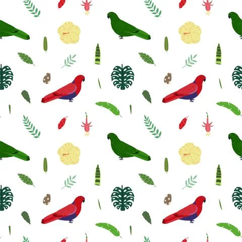 Seamless pattern with eclectus parrots in red and green color, tropical leaves Stock Illustration
