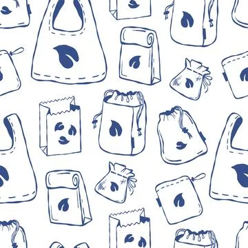 Seamless Pattern of Eco Bag and Reusable Packaging. Outline Blue Hand Drawn.. Stock Illustration