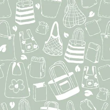 Seamless Pattern with Eco Bags on Green Background. Sustainable Reusable Sh.. Illustrazione stock