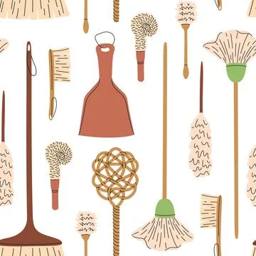 Seamless pattern of eco-friendly cleaning products. Mops and brushes. Organic Stock Illustration