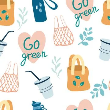Seamless pattern with eco-friendly items. Textile and paper bags, cups. Go gr Stock Illustration