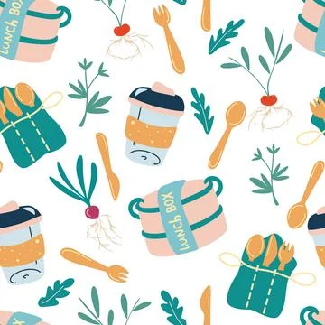 Seamless pattern with eco-friendly kitchen. Lunch box, wooden cutlery, refill Stock Illustration