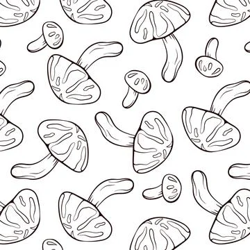 Seamless pattern with edible mushrooms Shiitake in line art style. Design for Stock Illustration