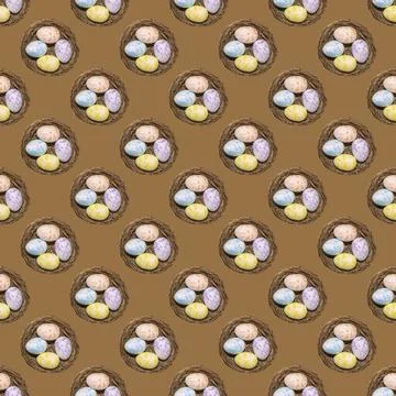 Seamless pattern of an egg in a nest on a brown background Stock-Fotos