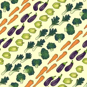 Seamless pattern of eggplant carrot broccoli pepper. Stock Illustration