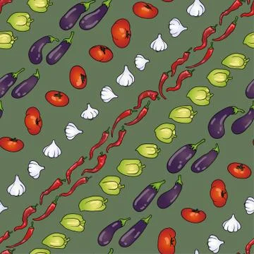 Seamless pattern of eggplant garlic onion pepper tomato Stock Illustration