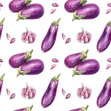 Seamless Pattern of Eggplants and Garlic on White Background - Watercolor Stock Illustration
