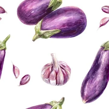 Seamless Pattern of Eggplants and Garlic on White Background - Watercolor Stock Illustration