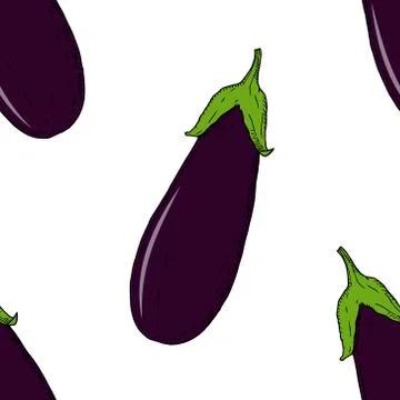 Seamless pattern of eggplants. Vector cartoon background. Hand-drawn. Stock Illustration
