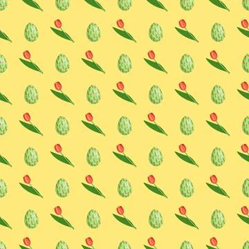 Seamless pattern with eggs and flowers for Happy Easter day. Stock Illustration