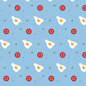 Seamless pattern with eggs and tomatoes. Breakfast wallpaper on blue background Stock Illustration